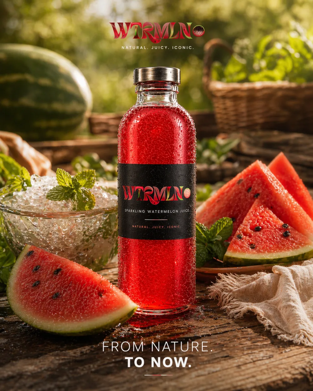 From Nature To Now — WTRMLN-Flasche in natürlicher Outdoor-Szene mit Wassermelonen, Holz, Minze und Claim.