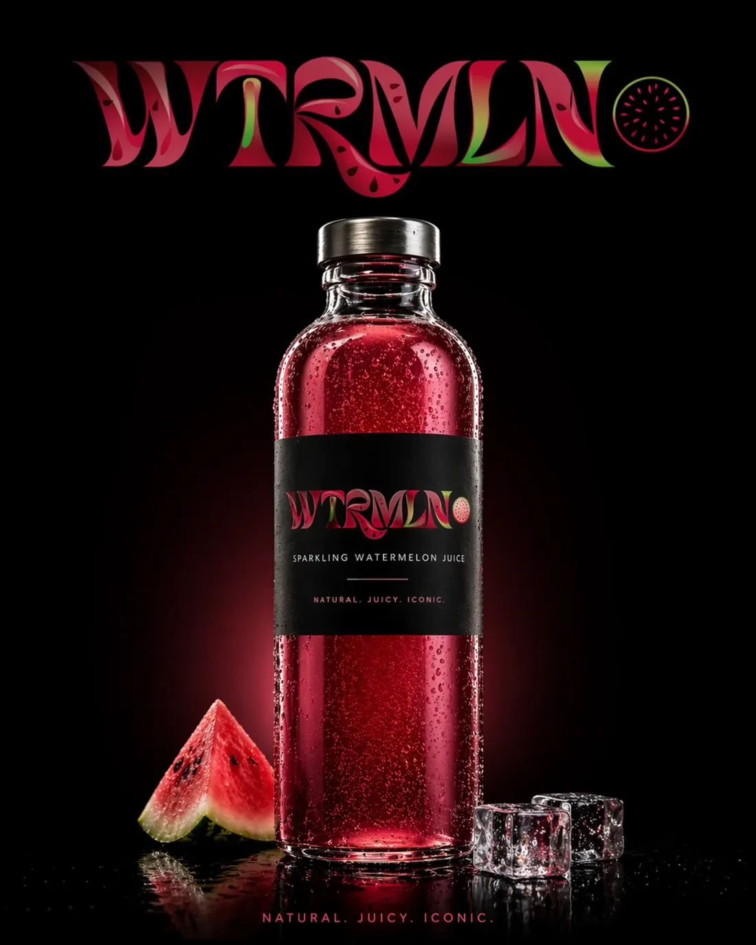 Finales WTRMLN Hero Visual mit schwarzem Label, rotem Sparkling Juice, Glasflasche und Premium-Licht