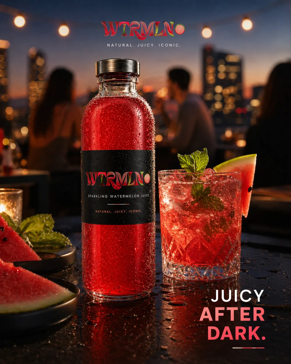 After Dark — WTRMLN-Flasche und Drinkglas auf Rooftop mit Stadt-Bokeh und Abendlicht.