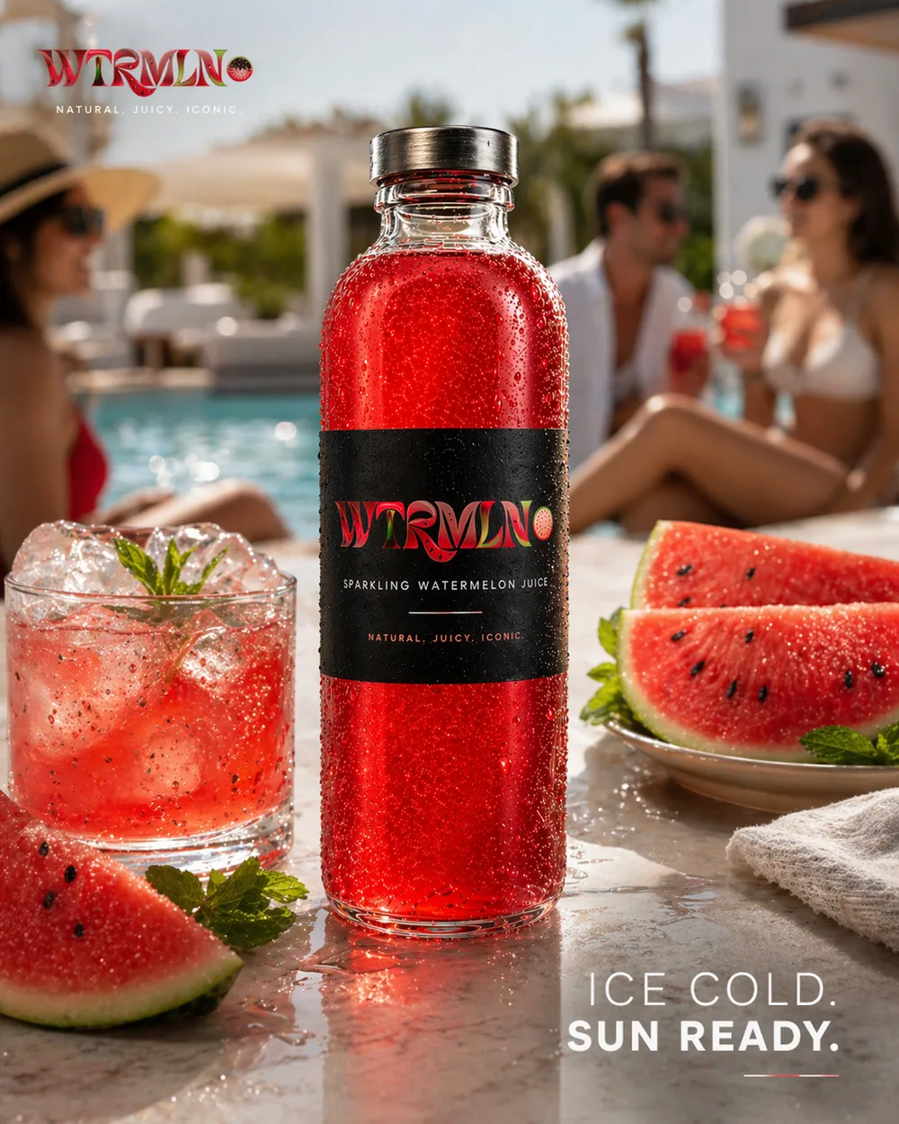 Poolside — WTRMLN-Flasche am Pool mit Sommerlicht, Wassermelone und Claim Ice Cold Sun Ready.