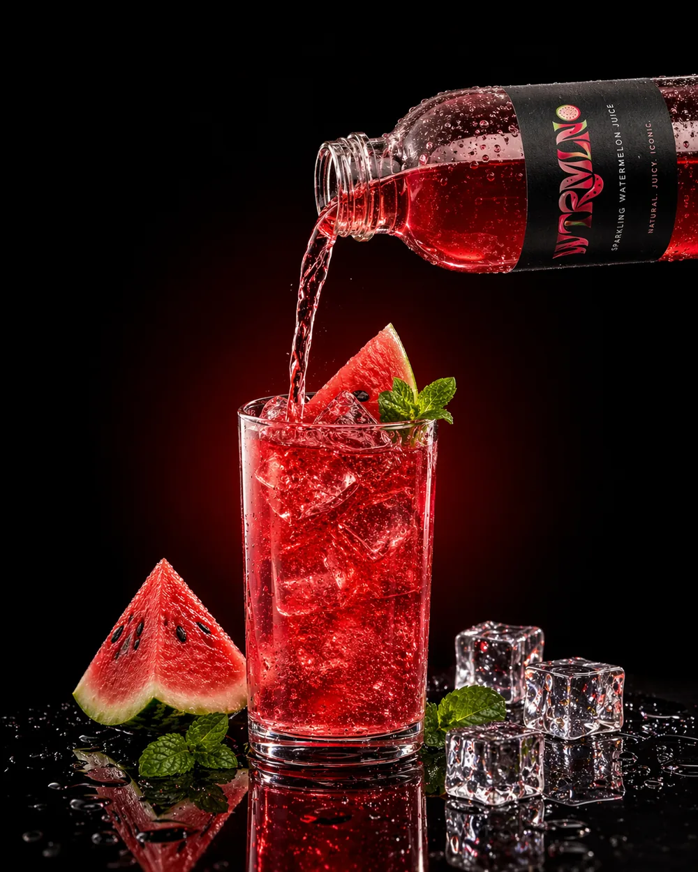 Pour Shot — WTRMLN wird in ein Glas mit Eis und Minze gegossen; roter Sparkling Juice in Bewegung.