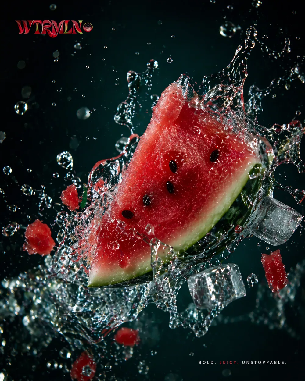 Splash Motion — Wassermelonenscheibe mit Wasser, Eiswürfeln und eingefrorener High-Speed-Dynamik.